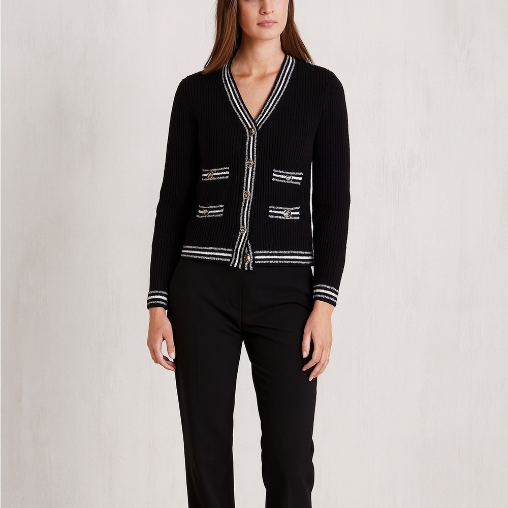 Talbots Black and White Striped Cardigan 100% cotton - Picture 1 of 2